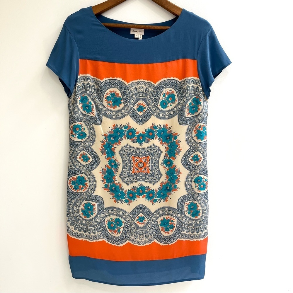 Anthropologie Meadow Rue Calcada silk blue orange shift handkerchief mini dress